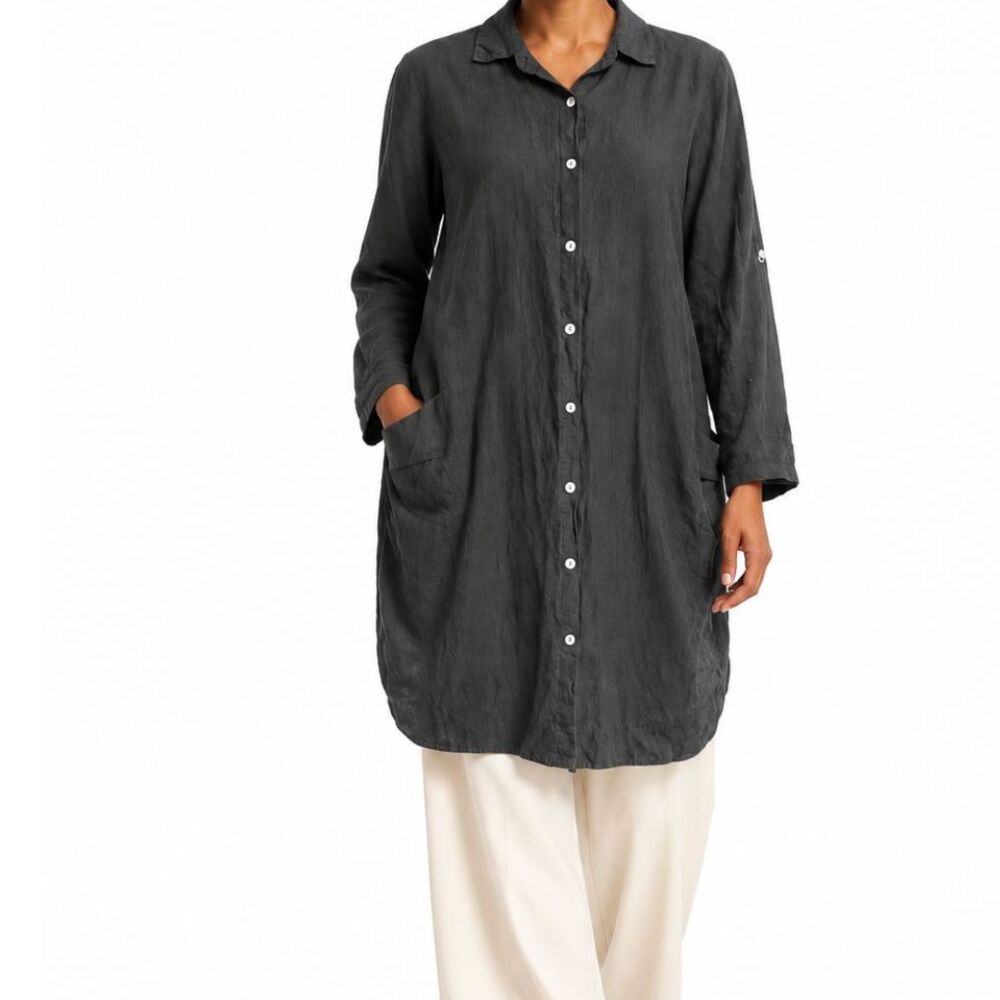 Italian Made 100% Linen Charcoal Black Oversized Button Front Shirt Dress OS